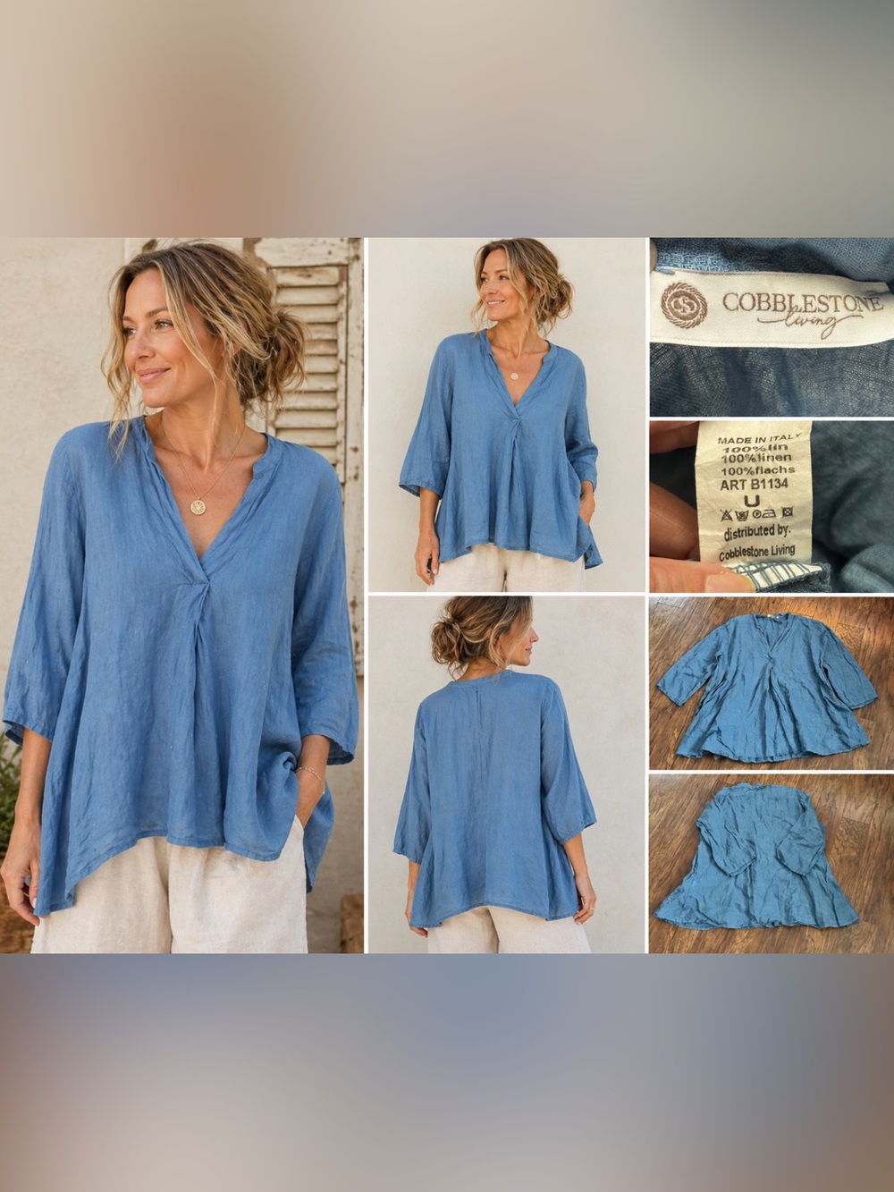 Cobblestone Living 100% Linen Tunic Top Made in Italy Blue Oversized Boho L
